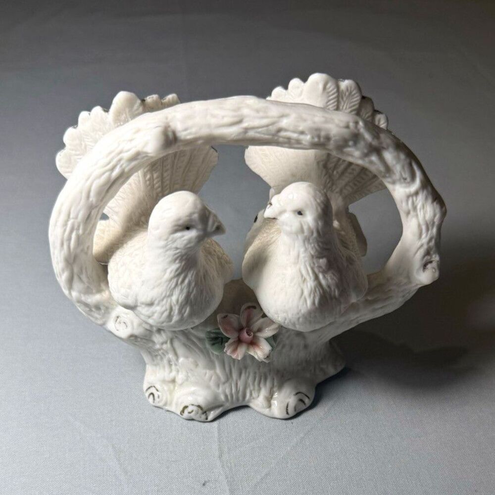 Ceramic Dove & Pigeon Pair Figurine in Basket with Pink Flower Accent